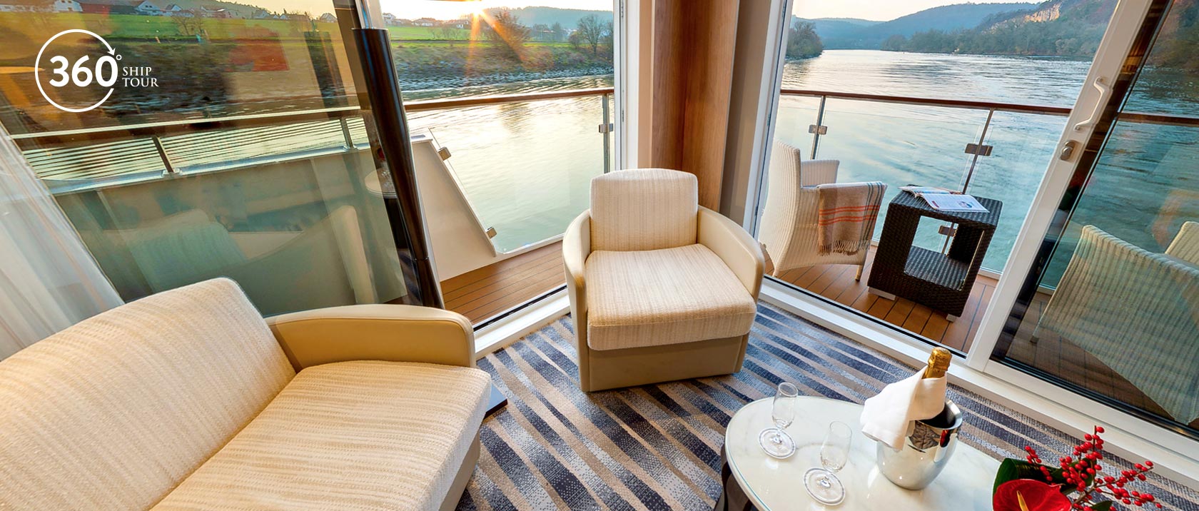 Living room of the Explorer Suite stateroom of a Viking river ship